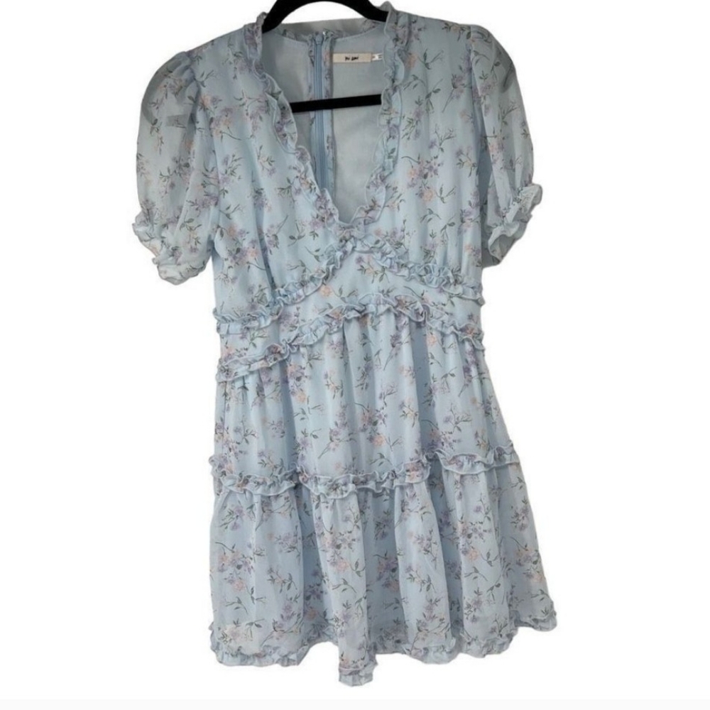 Miami Light Blue Floral Puff Sleeve V Neck Ruffled Tiers Dress Sz M